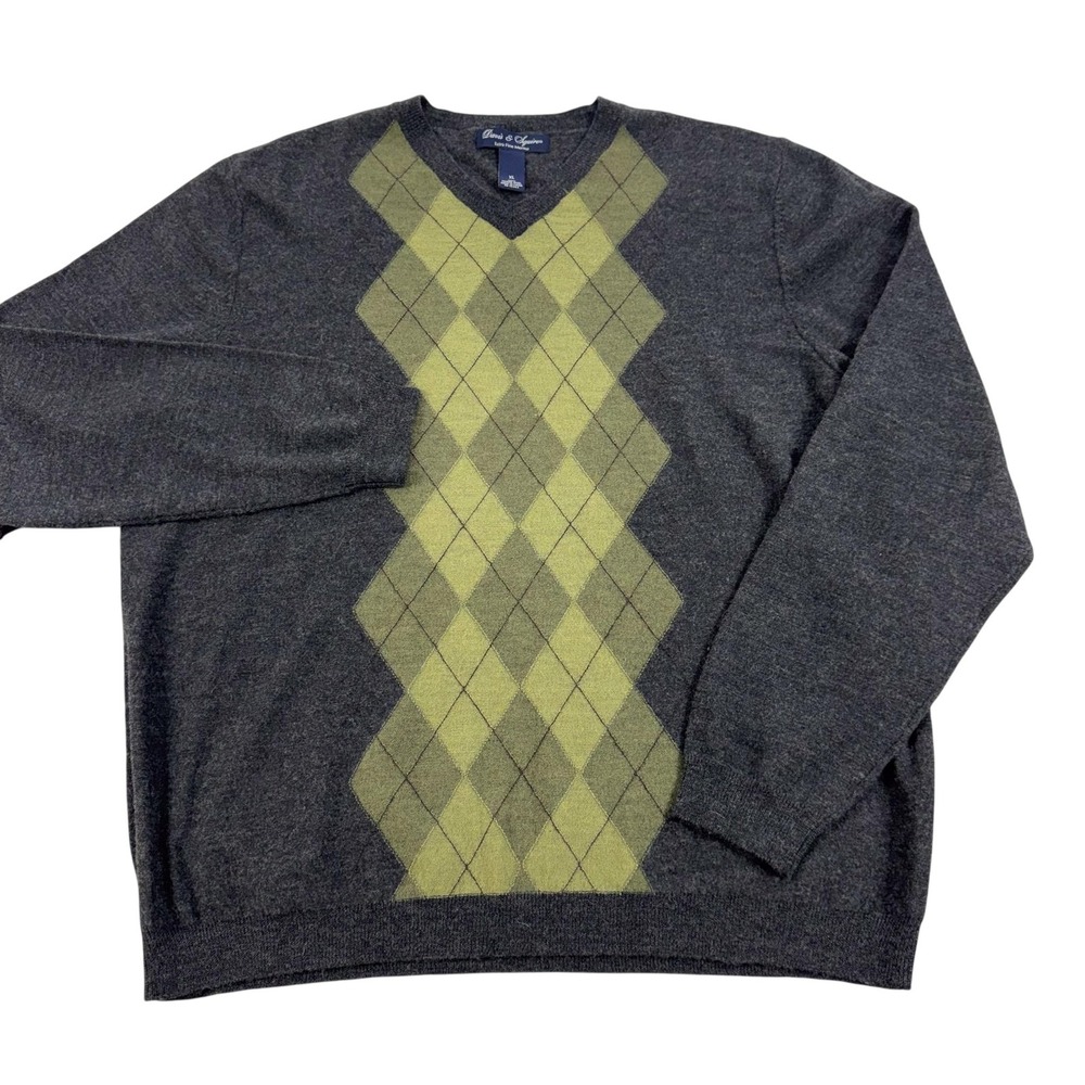 Davis & Squire Sweater Mens XL Gray Argyle V Neck 100% Merino Wool Pullover Knit